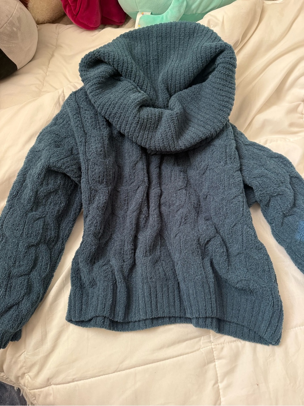 moon & madison Chunky Cable Cowl Neck Sweater - Teal Blue
